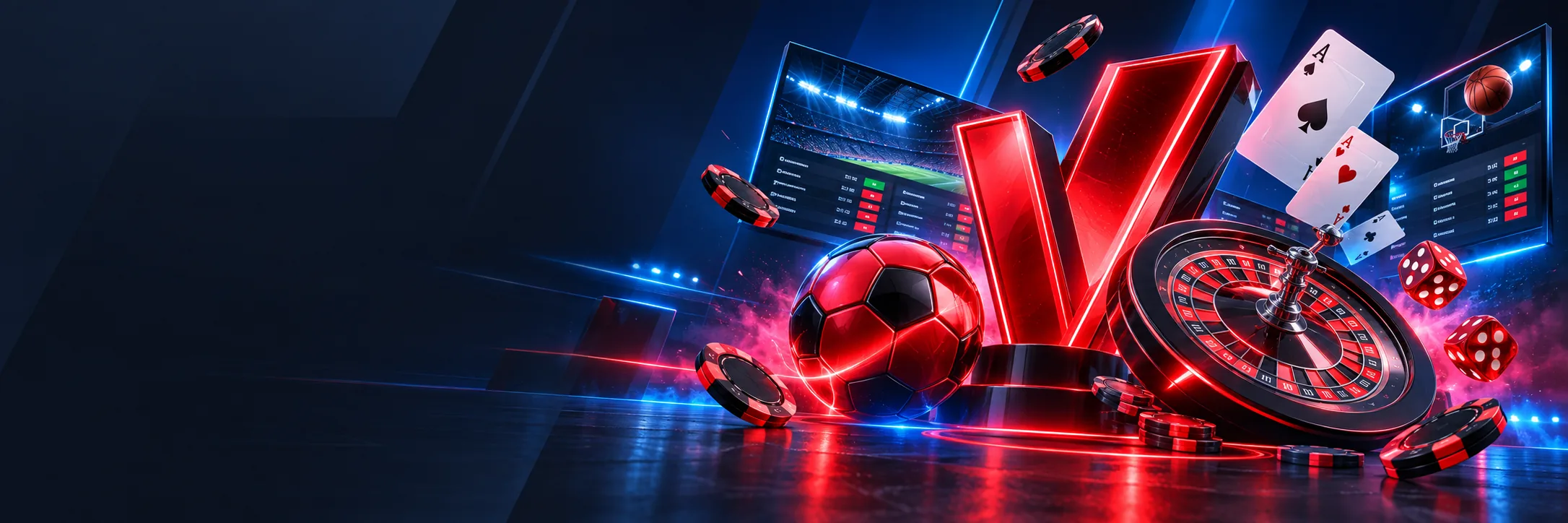 Dunkle Casino-Komposition mit rotem Vodds V und Spielmotiven